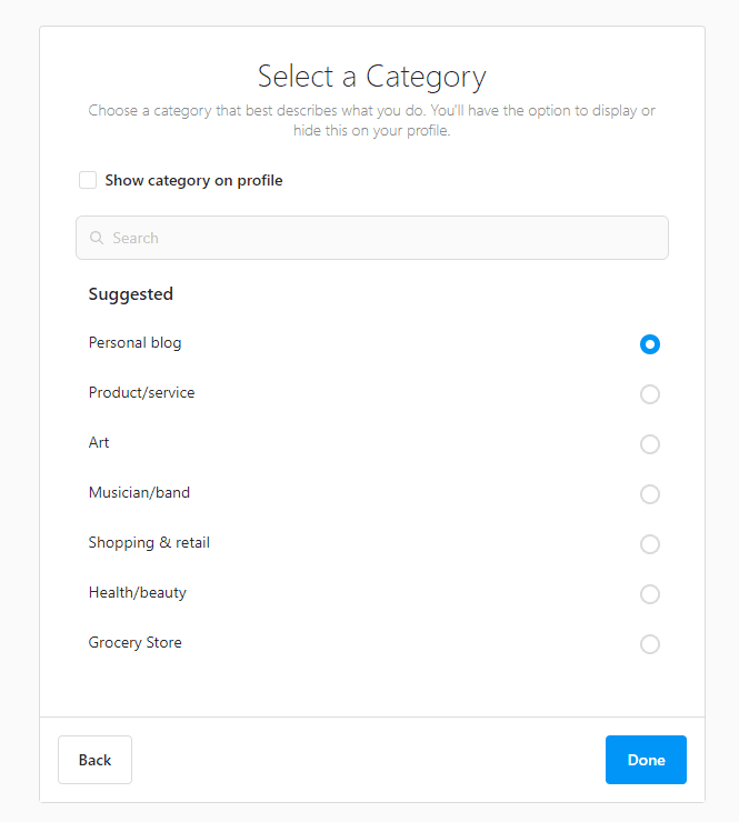 Selecting a category on Instagram
